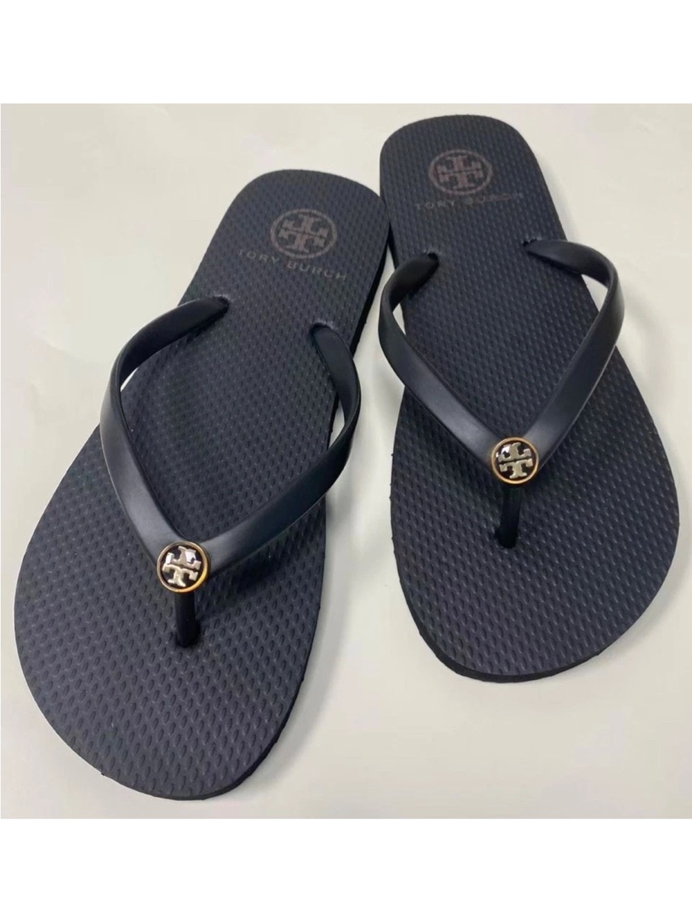 Tory Burch Black Flip Flop Sandals with Gold Logo Discs